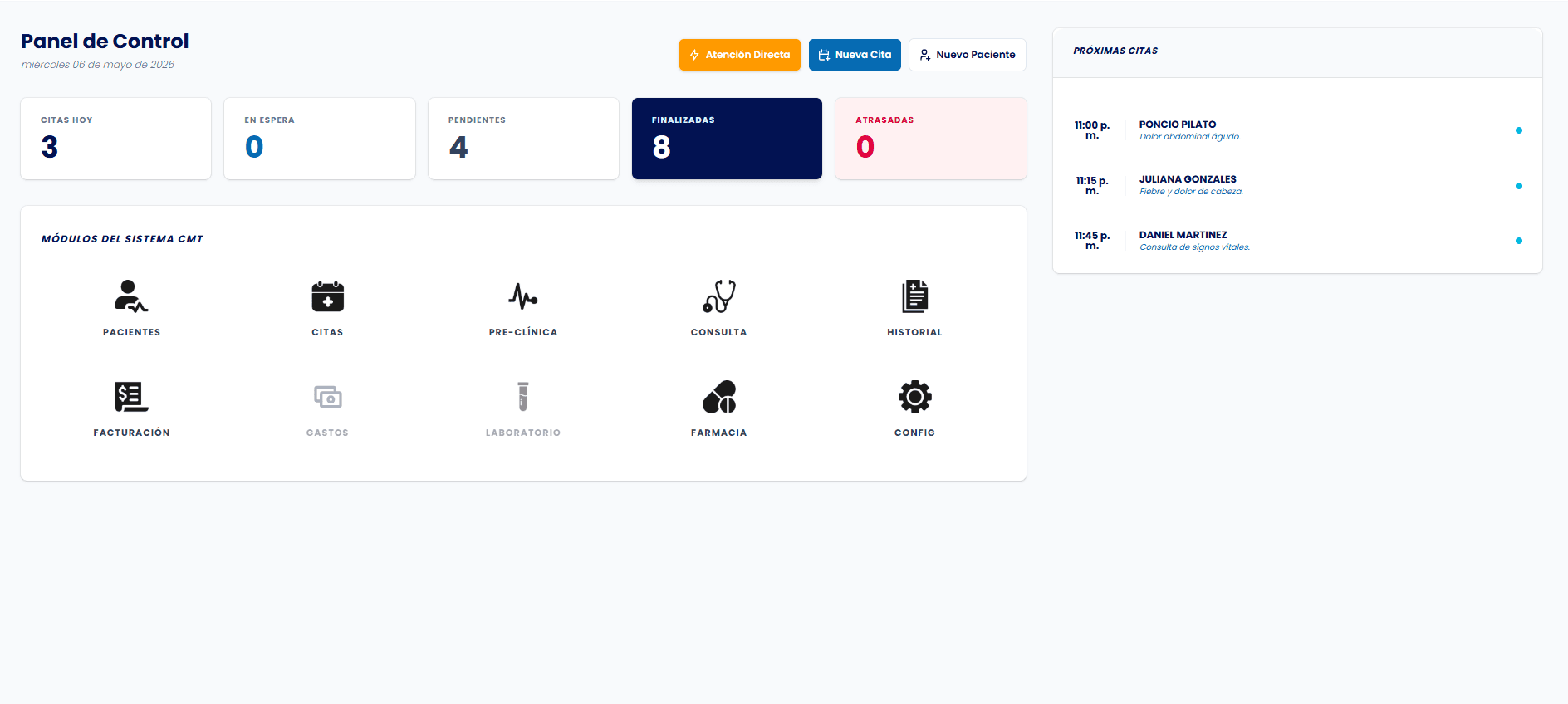 Wake Health dashboard showing today's schedule, clinic status, and access to every module.